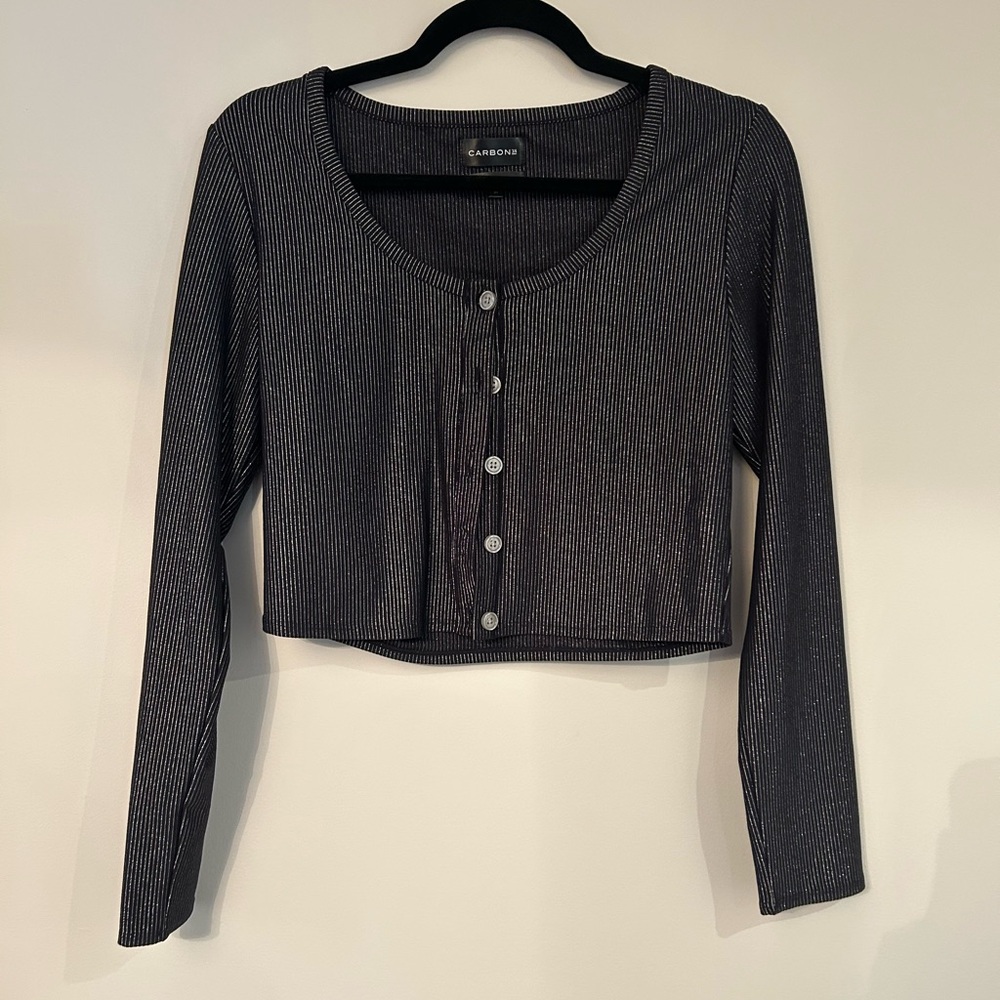 Carbon38 black striped cropped button down